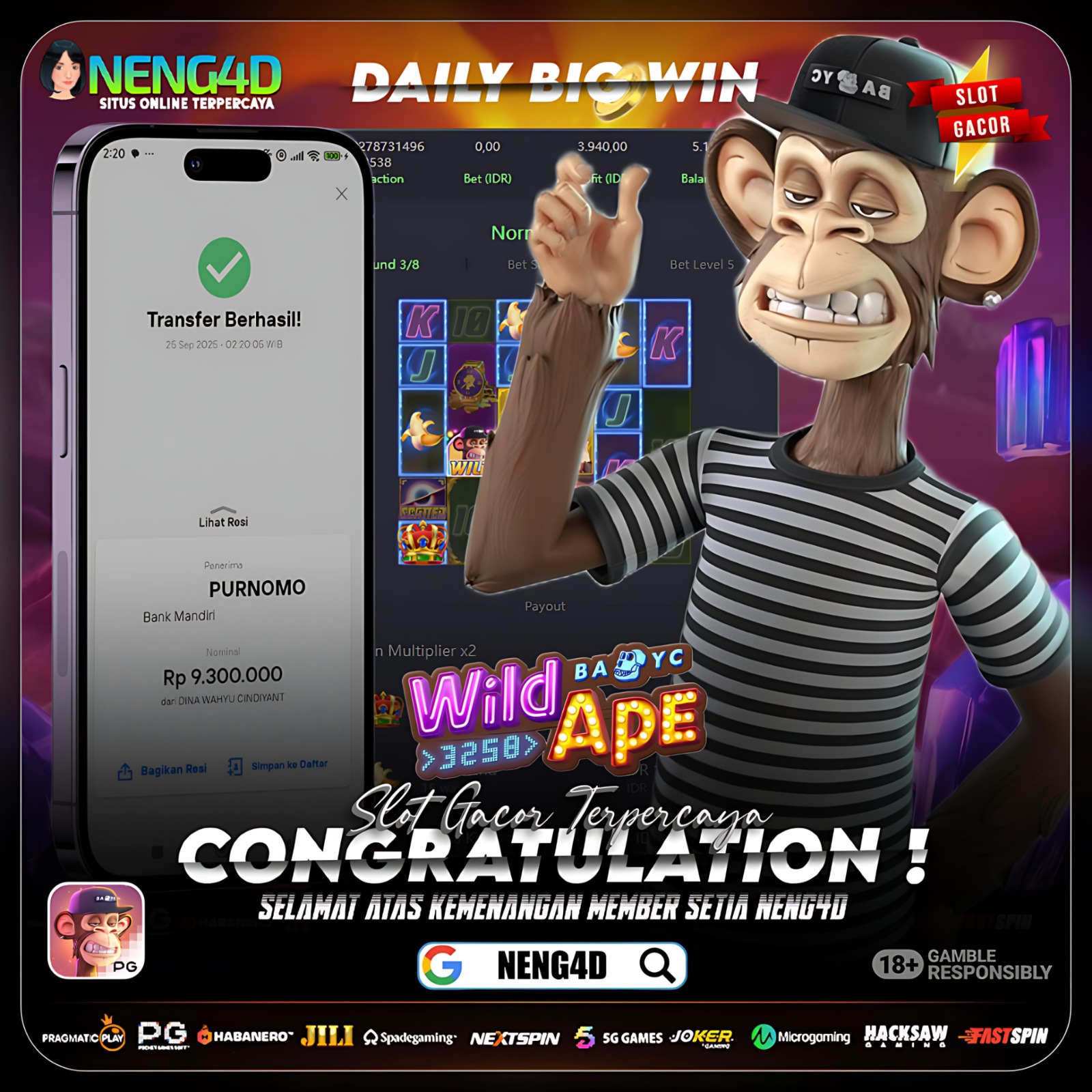 KEMENANGAN FANTASTIS MEMBER SETIA NENG4D DI WILD APES #3258