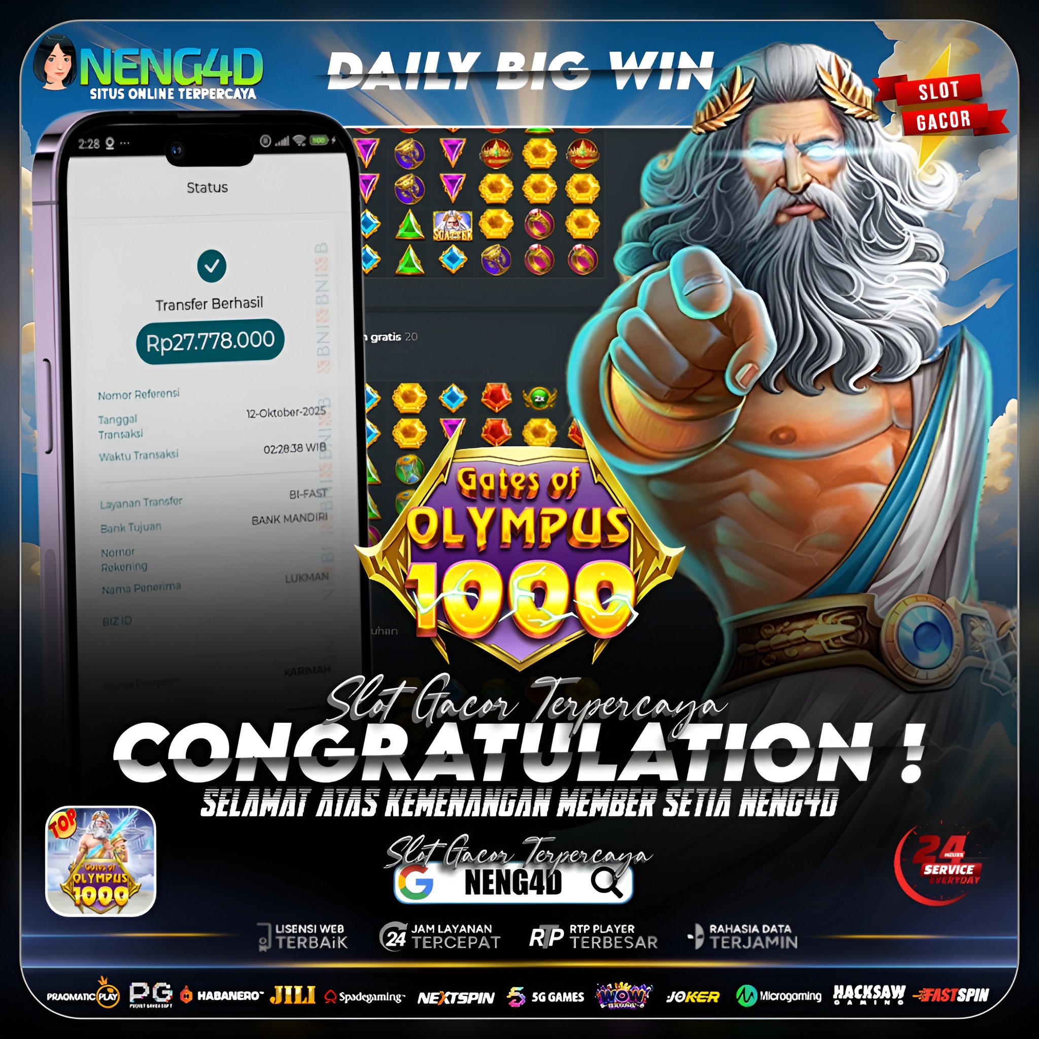 ZEUS NGAMUK LAGI! MEMBER NENG4D DIHUJANI JACKPOT 27 JUTA DI GATES OF OLYMPUS 1000!