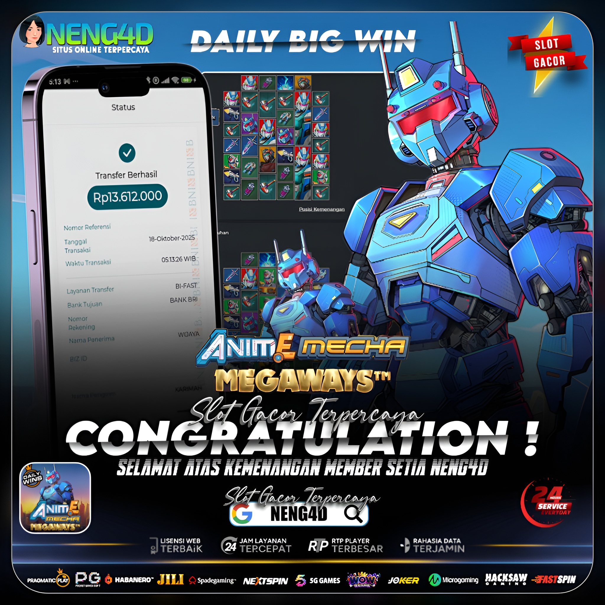 Member Setia NENG4D Sabet Kemenangan 13,6 Juta di Permainan Anime Mecha Megaways