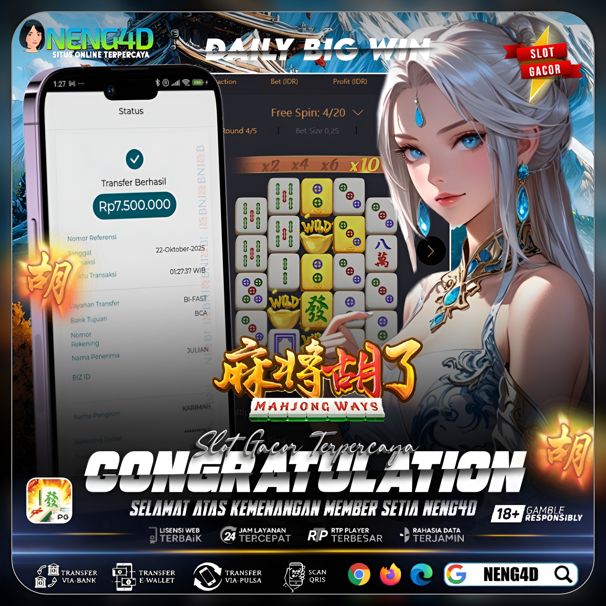 Kemenangan 7,5 Juta Member Setia NENG4D di Permainan Mahjong Ways