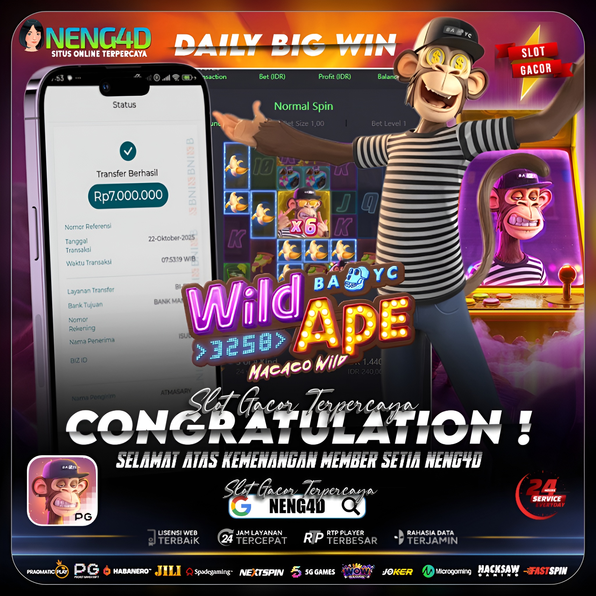 Kemenangan 7 Juta Member Setia NENG4D di Permainan Wild Ape #3258 PG Soft