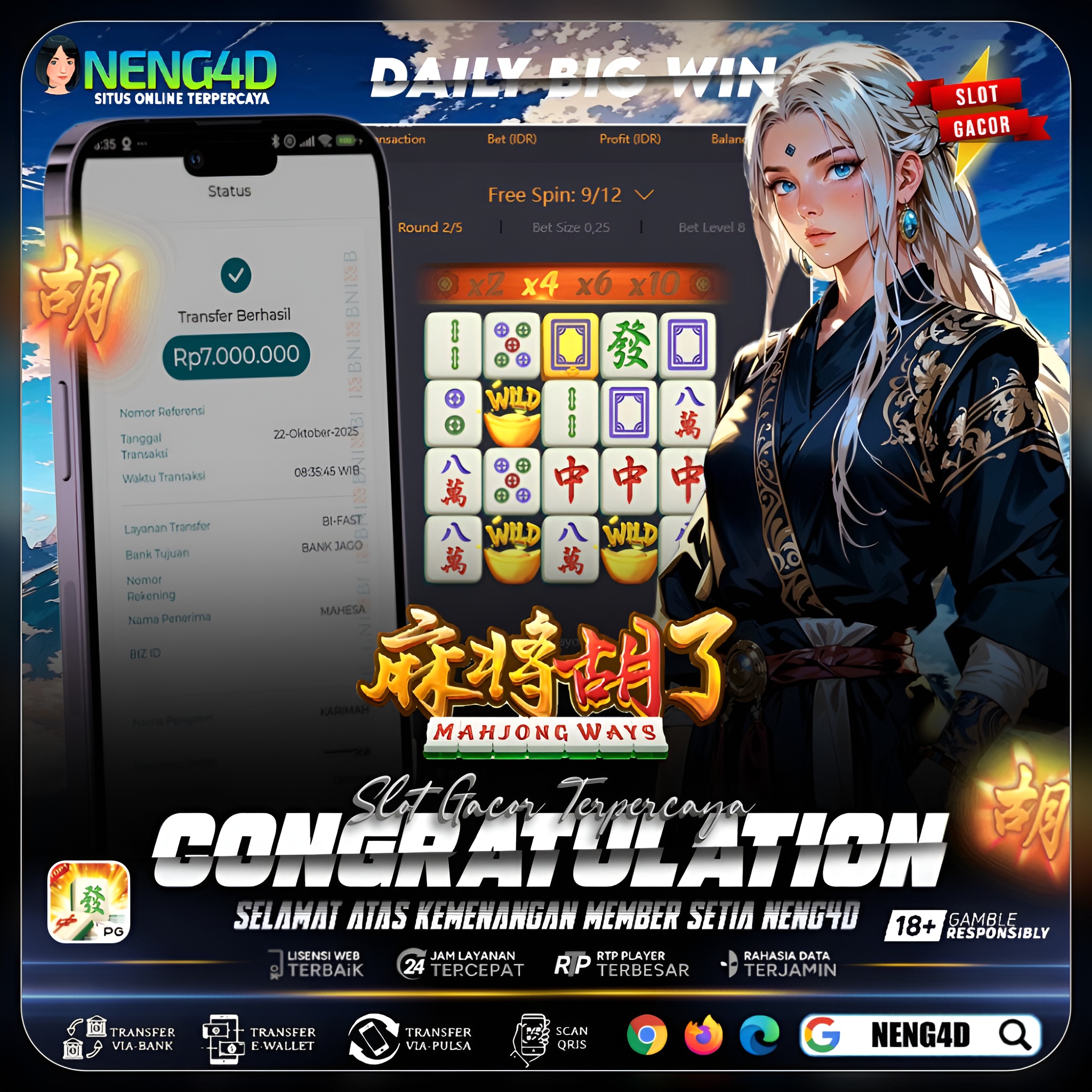 Kemenangan 7 Juta Member Setia NENG4D di Permainan Mahjong Ways PG Soft