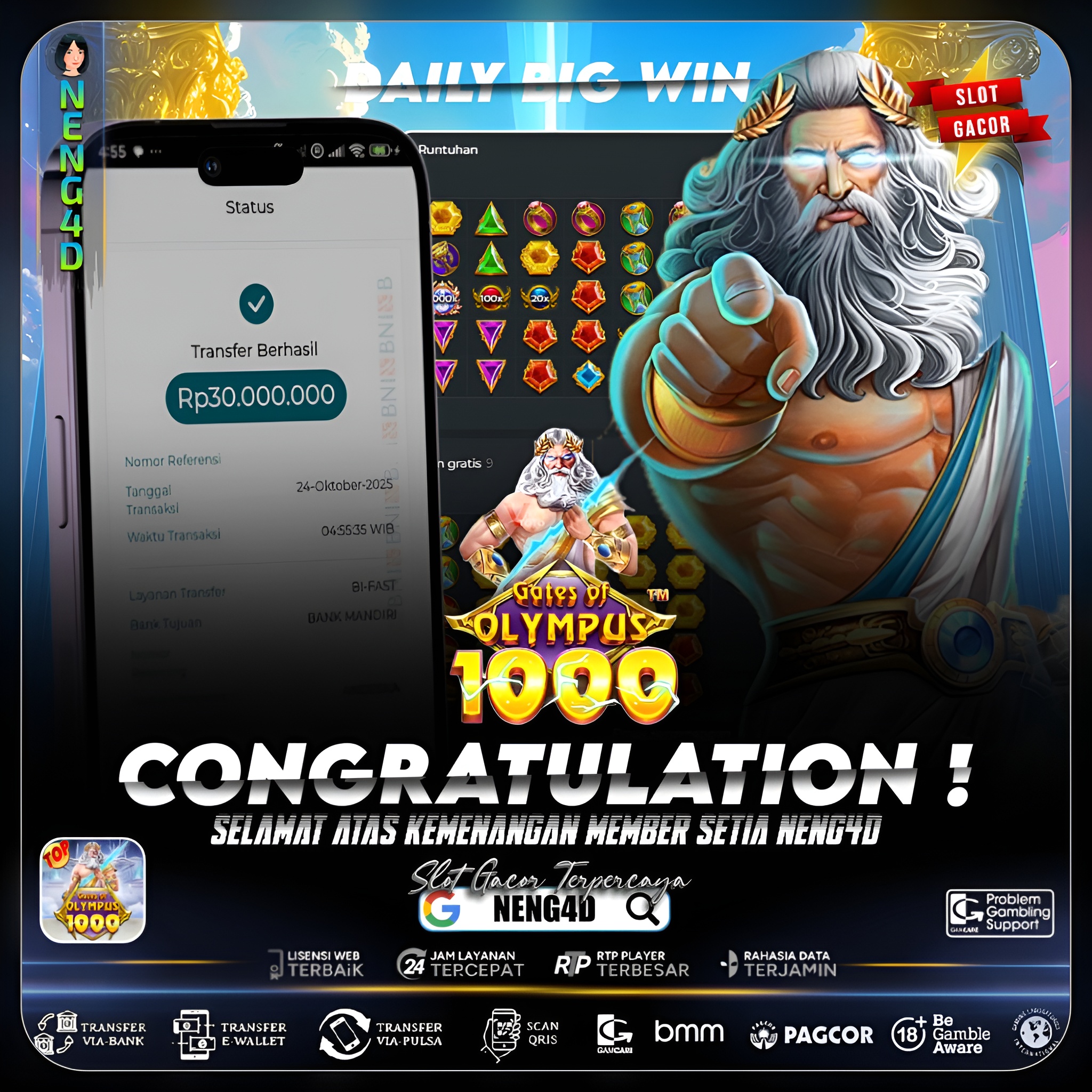 Kemenangan 30 Juta Member Setia NENG4D di Permainan Gates of Olympus 1000 Pragmatic Play