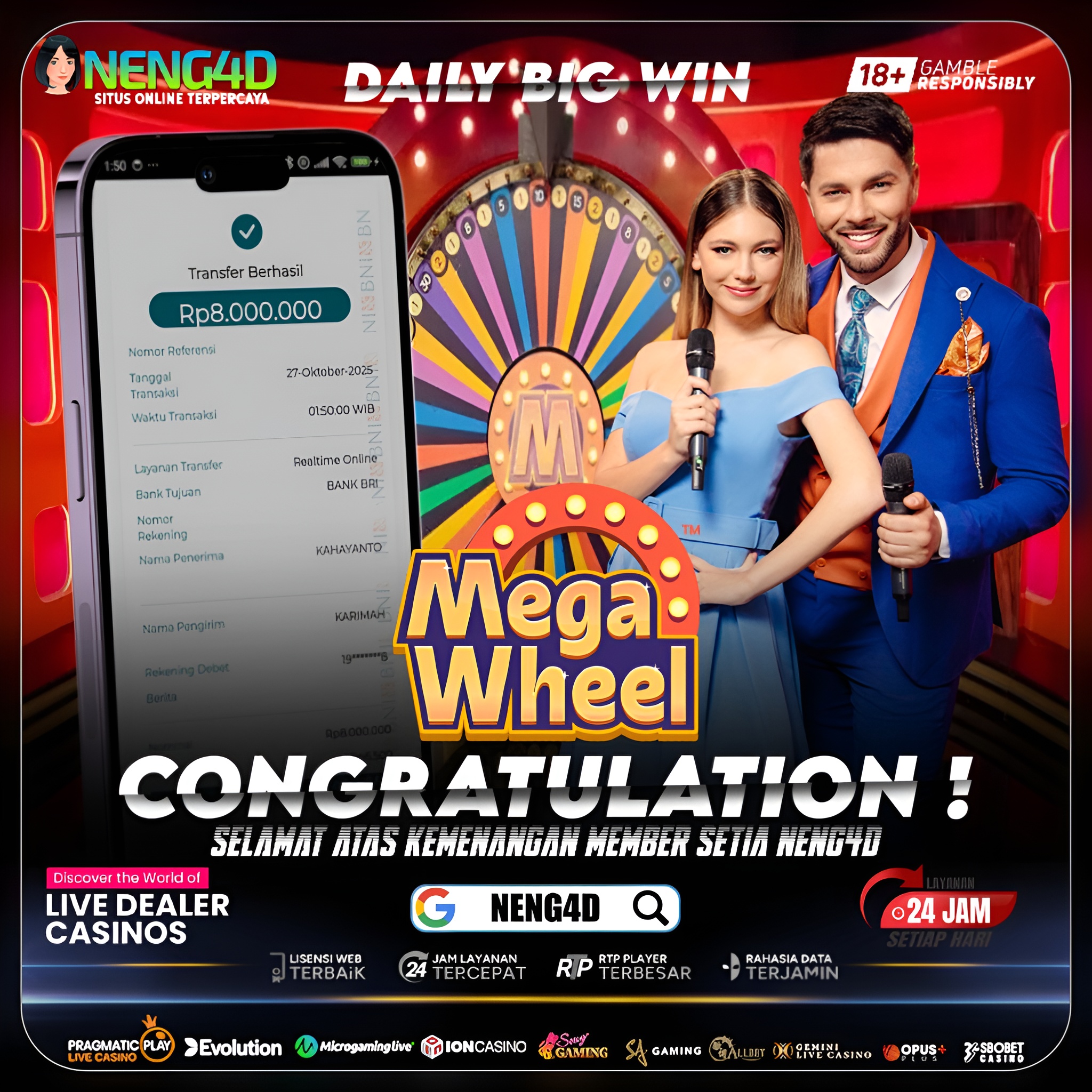 MEMBER SETIA NENG4D RAIH KEMENANGAN 8 JUTA DI LIVE CASINO MEGA WHEEL