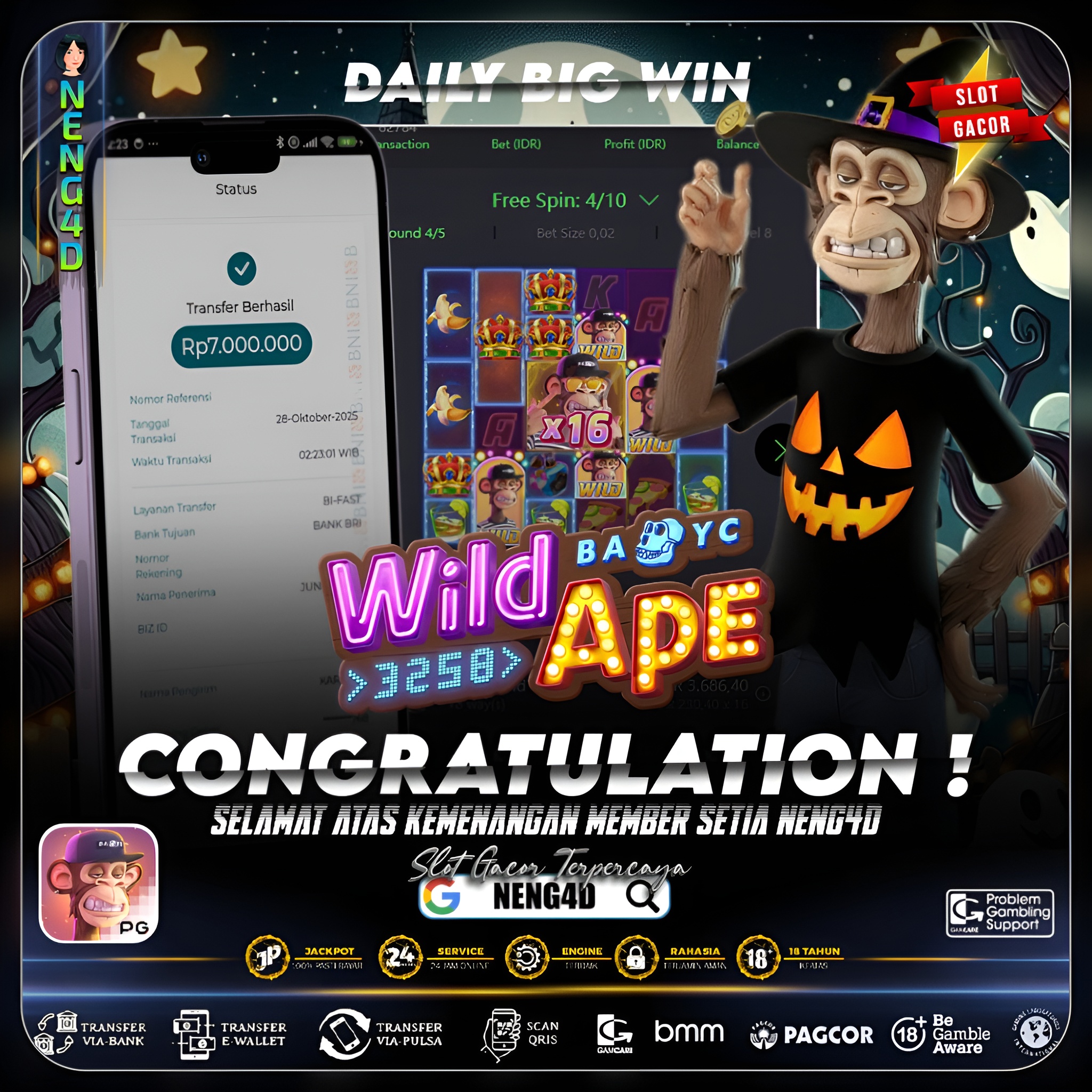 MEMBER SETIA NENG4D BERHASIL RAIH 7 JUTA DI WILD APE #3258 PG SOFT