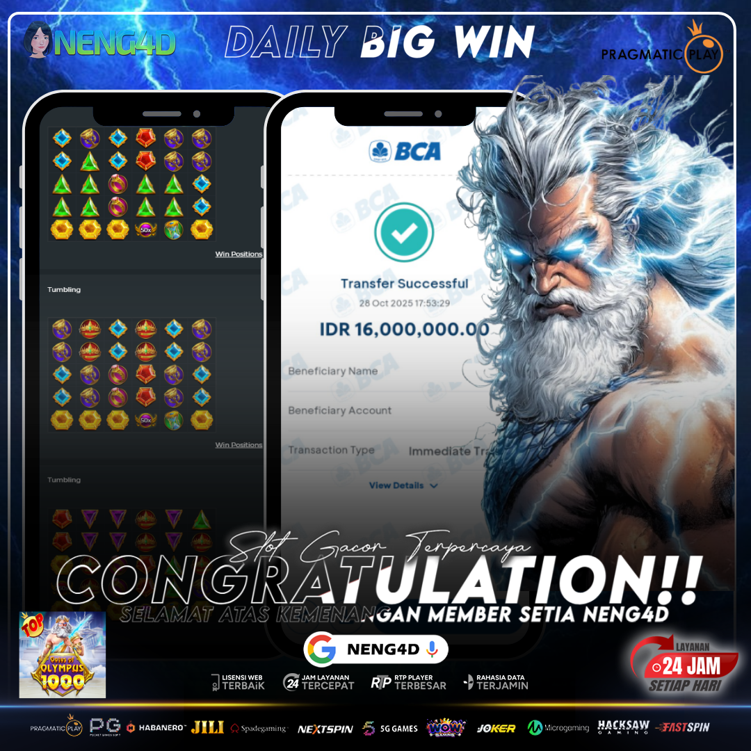 PETIR KEMENANGAN MENYAMBAR! MEMBER NENG4D RAIH 16 JUTA DI GATES OF OLYMPUS 1000!