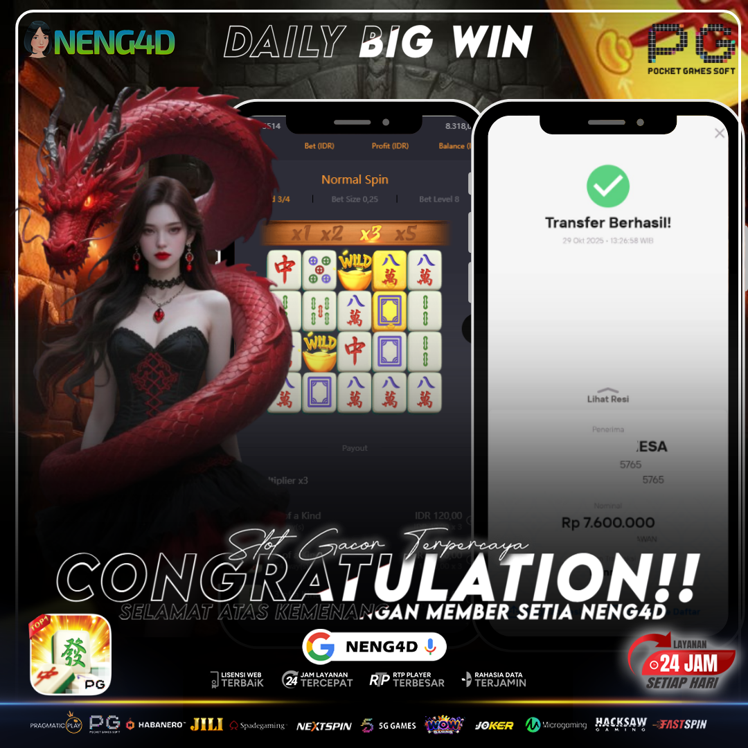 Kemenangan RP 7.600.000 Member Setia NENG4D di Permainan Mahjong Ways PG Soft