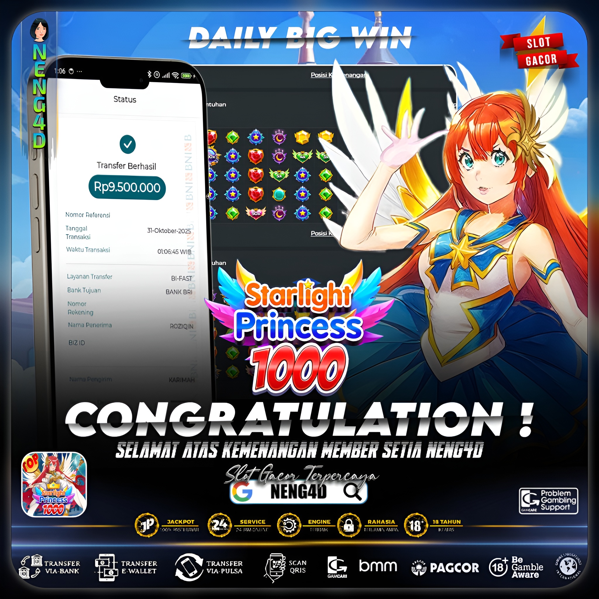 MEMBER SETIA NENG4D RAIH KEMENANGAN 9,5 JUTA DI STARLIGHT PRINCESS 1000 PRAGMATIC PLAY