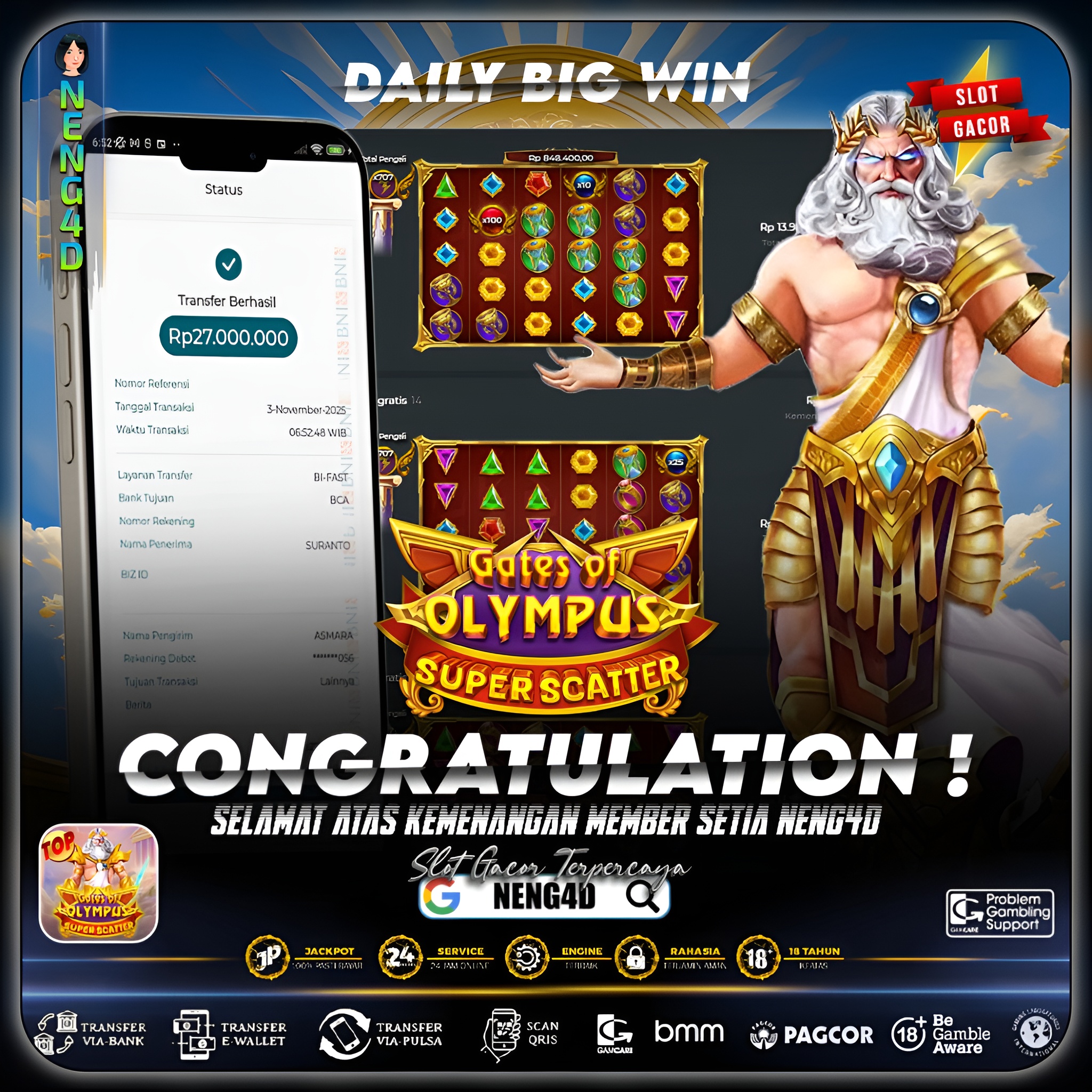 MEMBER SETIA NENG4D MENANG 27 JUTA DI GATES OF OLYMPUS SUPER SCATTER PRAGMATIC PLAY