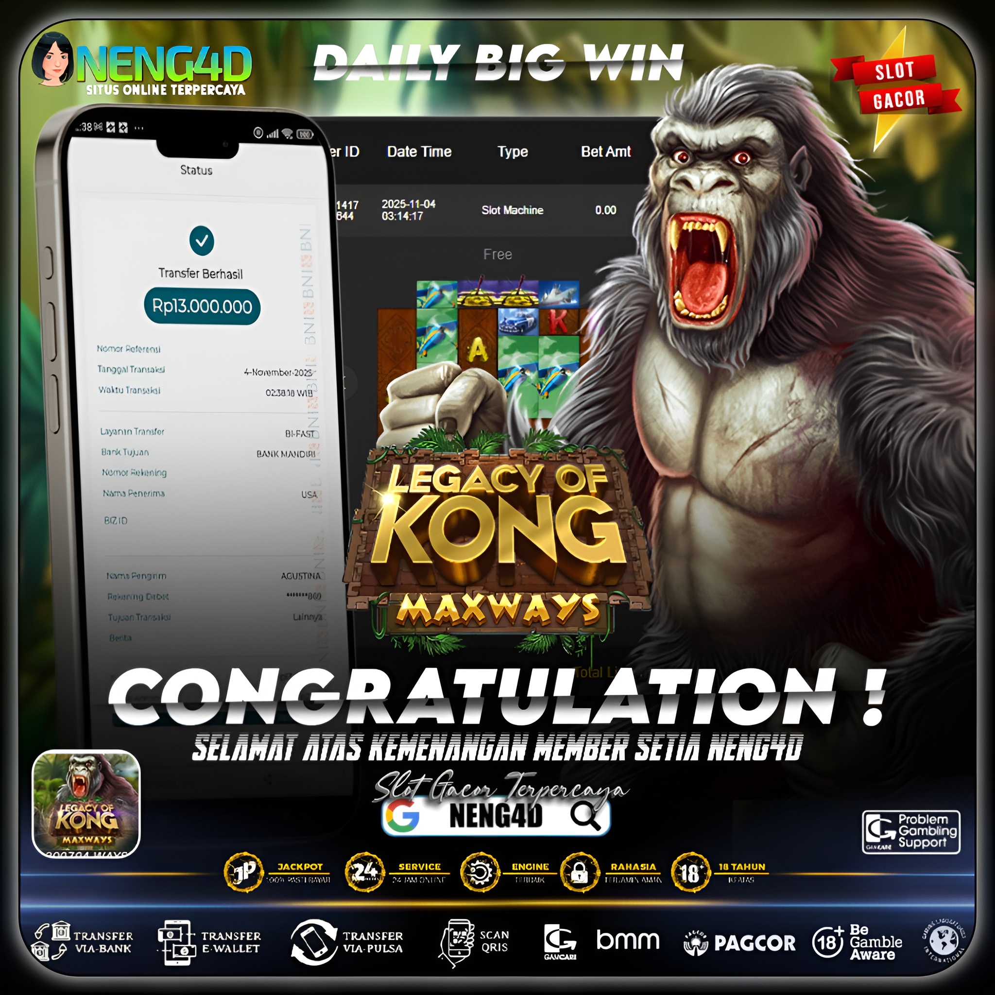 MEMBER SETIA NENG4D MENANG 13 JUTA DI LEGACY OF KONG MAXWAYS SPADEGAMING