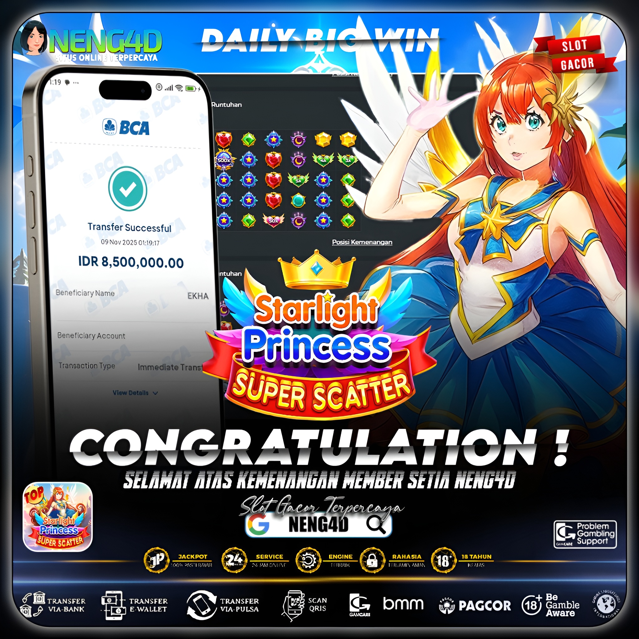 Kemenangan 8 Juta dengan Perkalian 500 di Starlight Princess Super Scatter Pragmatic Play