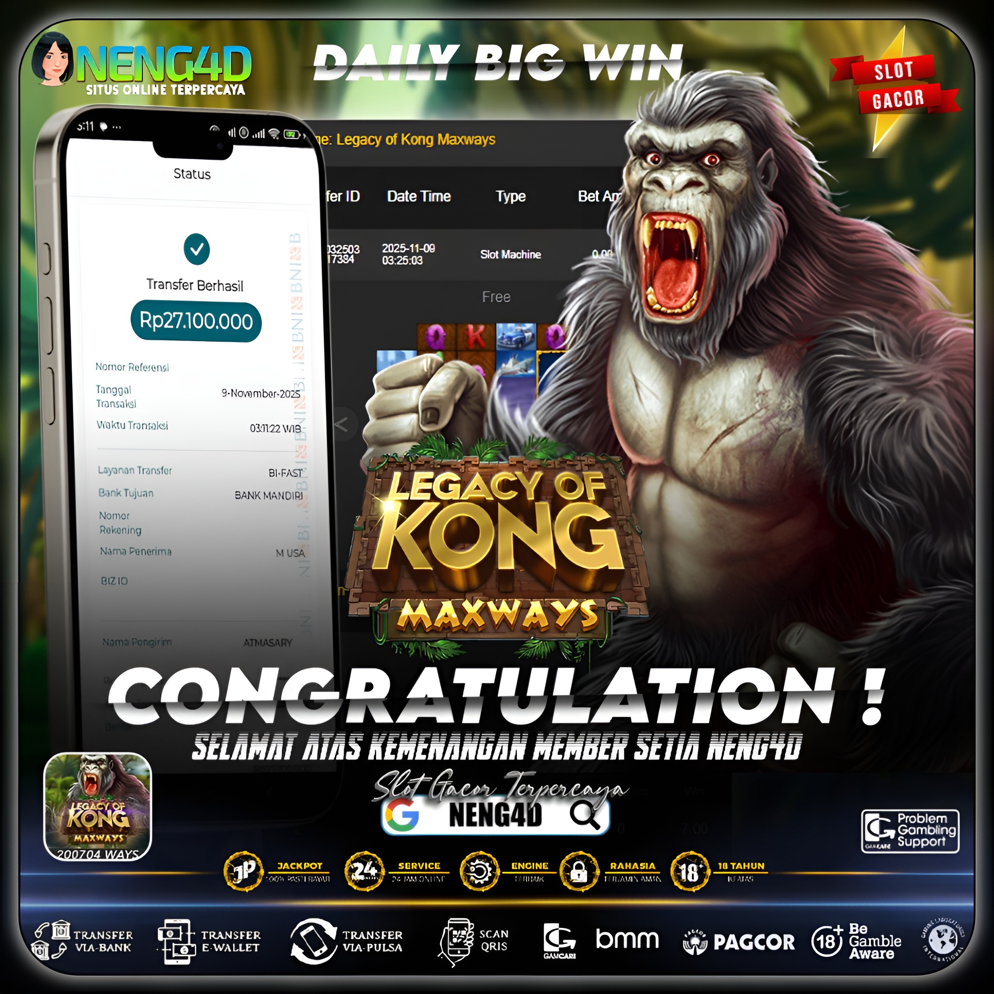 Kemenangan 27 Juta di Legacy of Kong Maxways Spadegaming