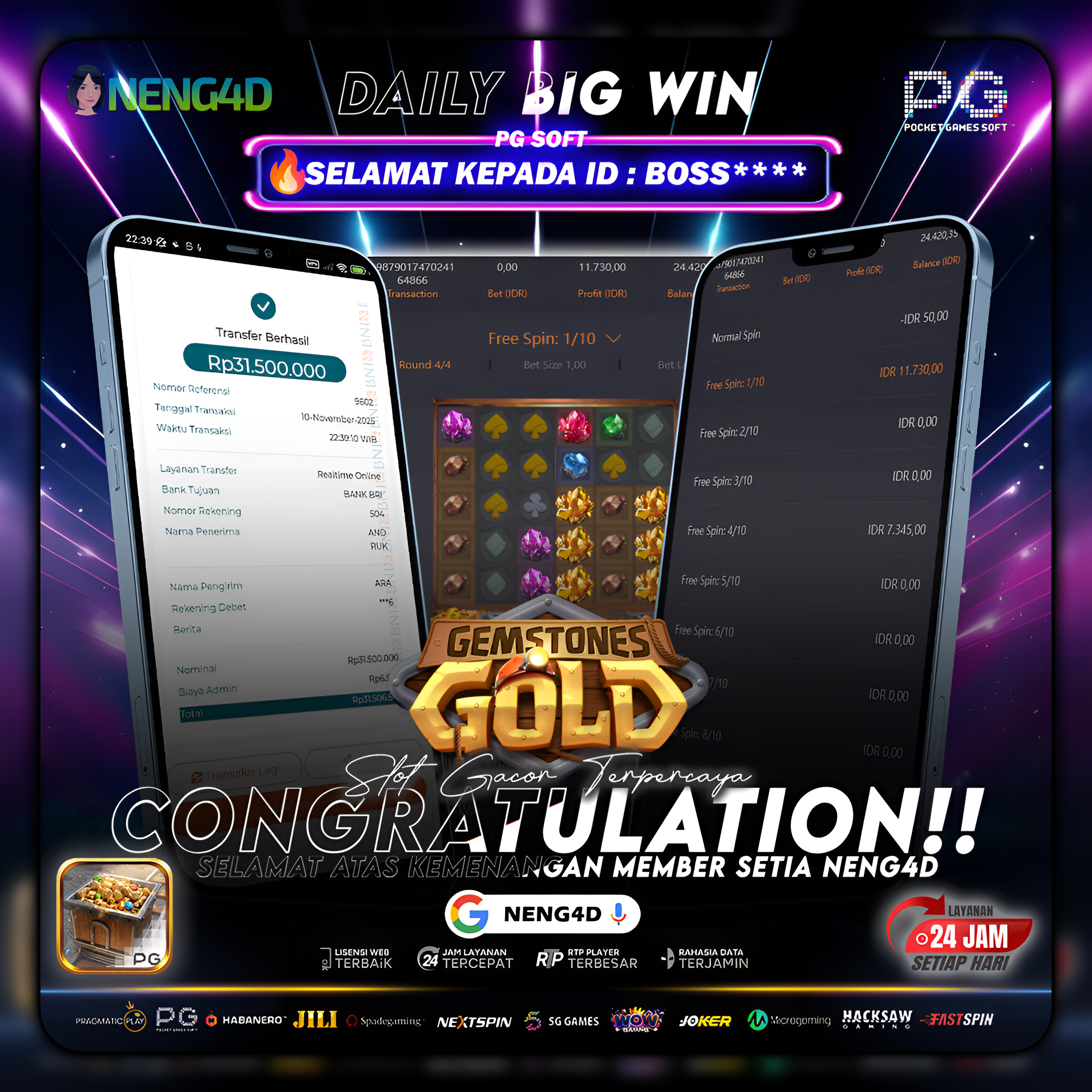 Kemenangan 31.500.00 Juta di GEMSTONES GOLD PG SOFT