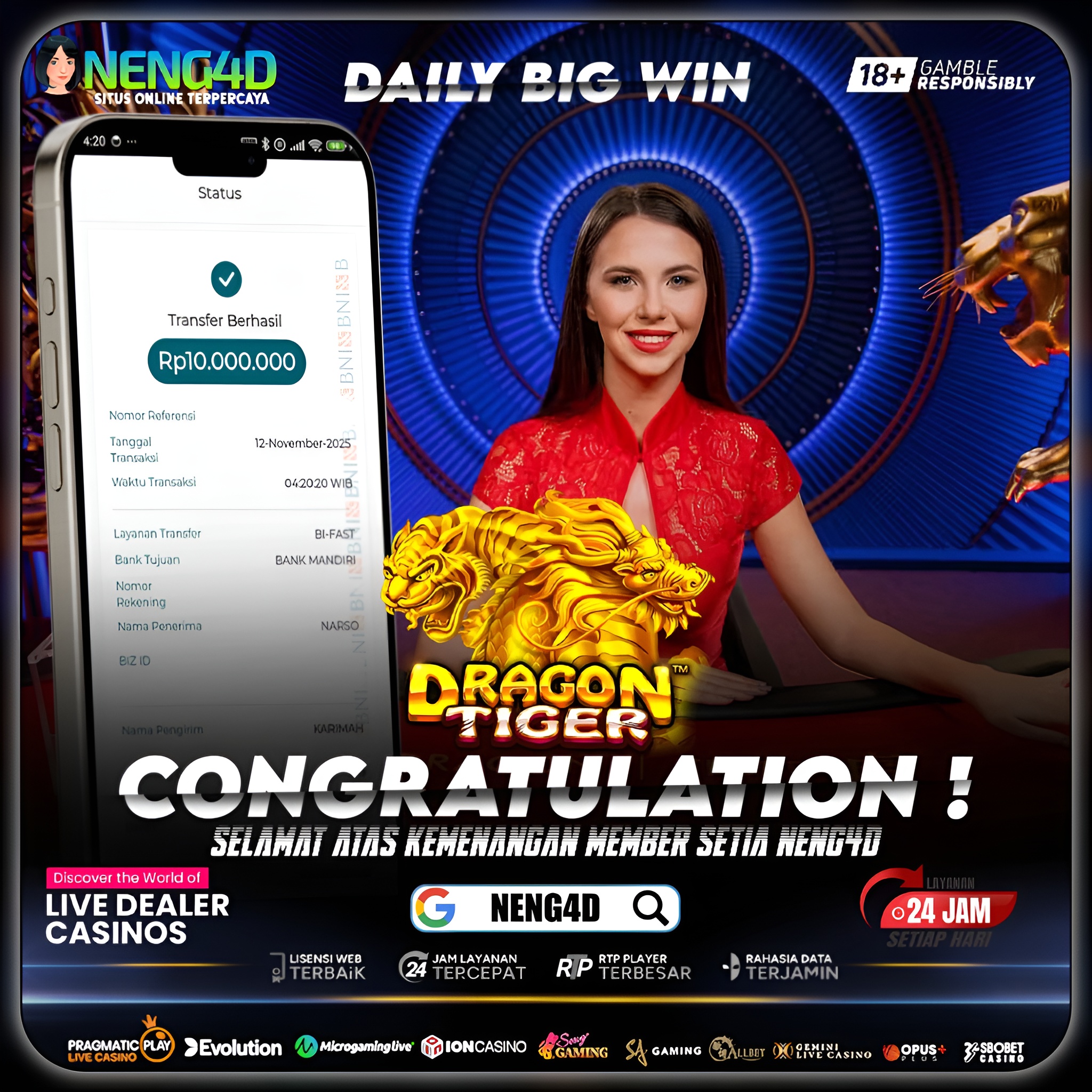 KEMENANGAN 10 JUTA DI LIVE CASINO DRAGON TIGER PRAGMATIC PLAY