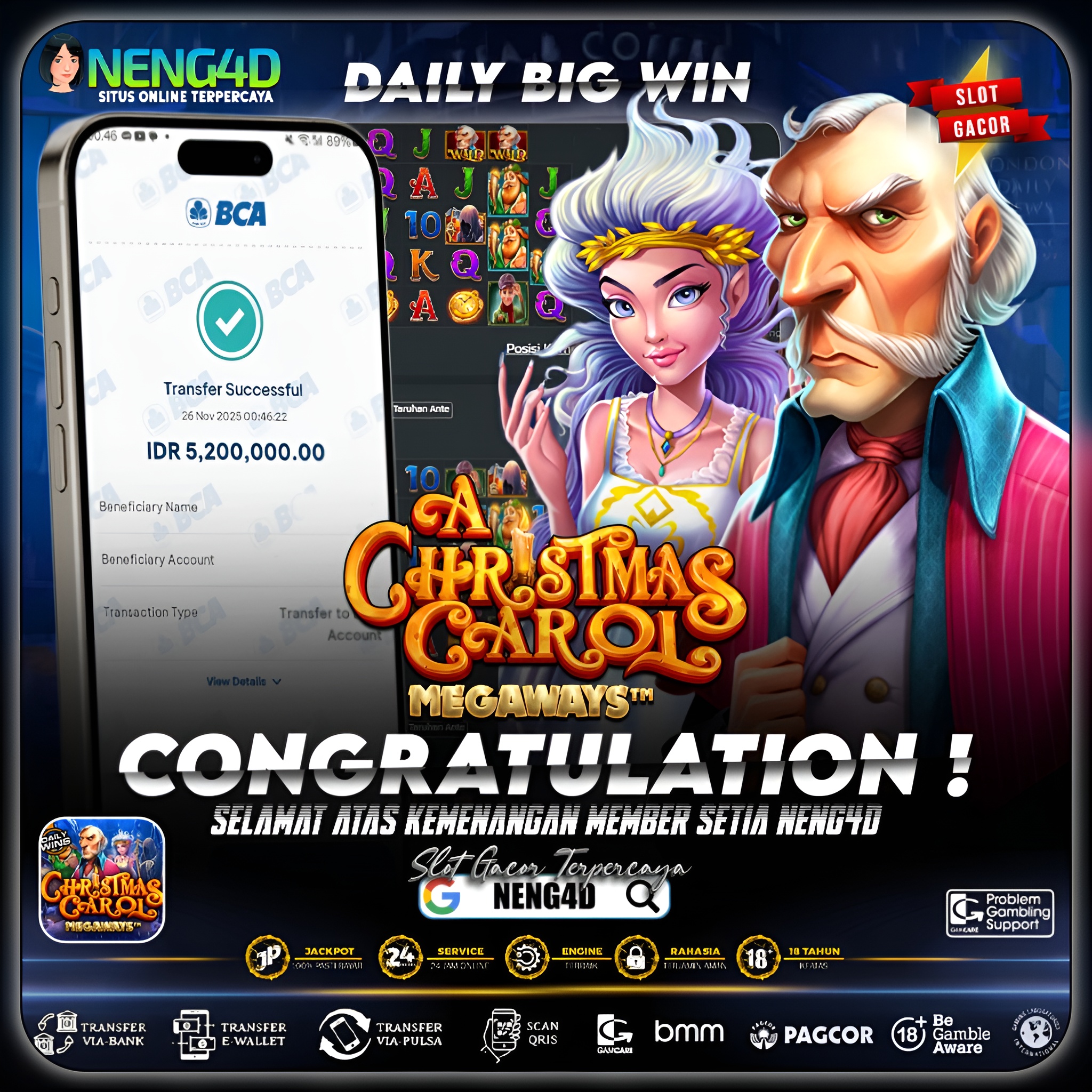 MEMBER NENG4D MENANG 5 JUTA DI CHRISTMAS CAROL MEGAWAYS