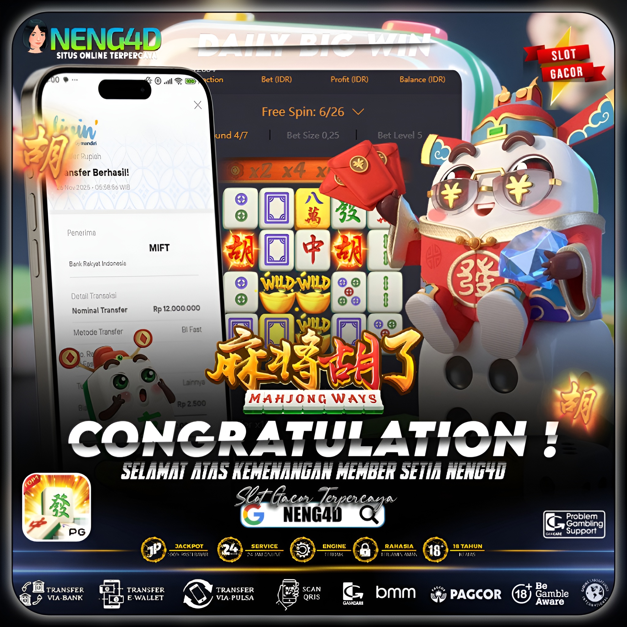 MEMBER NENG4D MENANG 12 JUTA DI MAHJONG WAYS