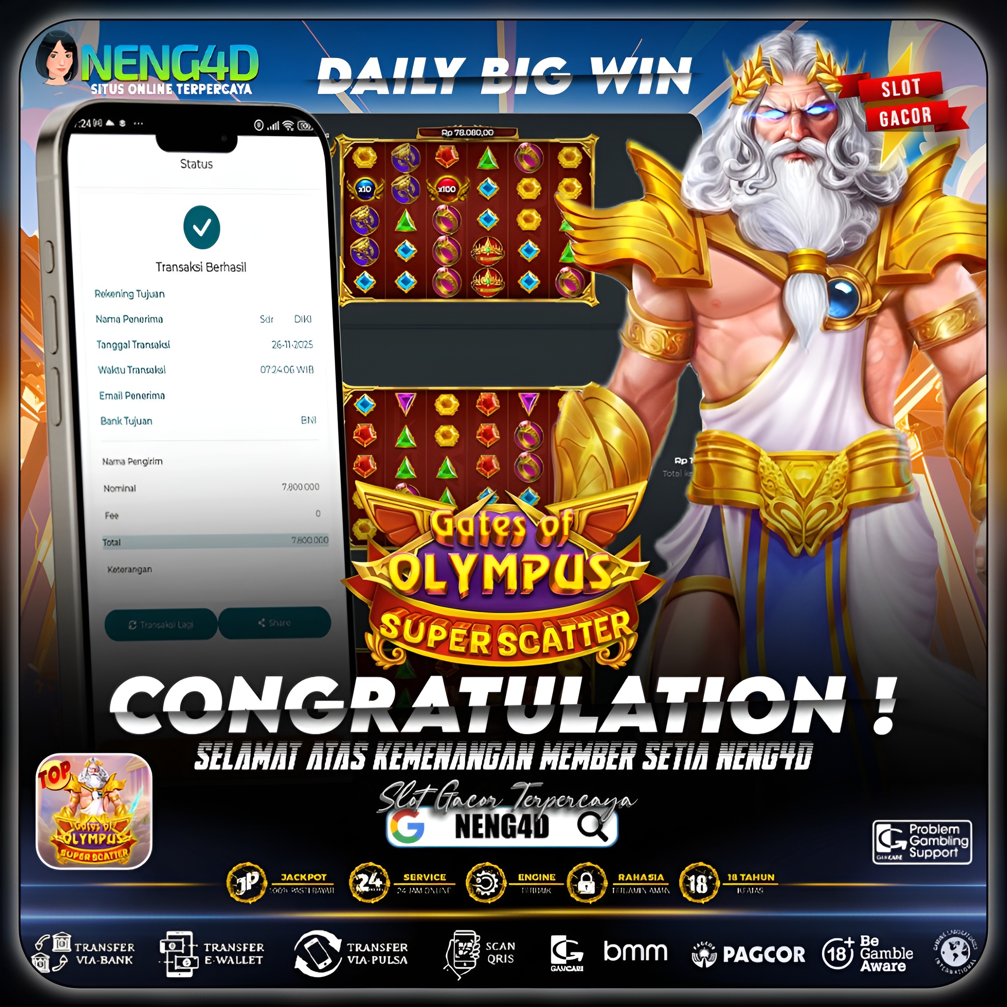 MEMBER NENG4D MENANG 7 JUTA DI GATES OF OLYMPUS SUPER SCATTER