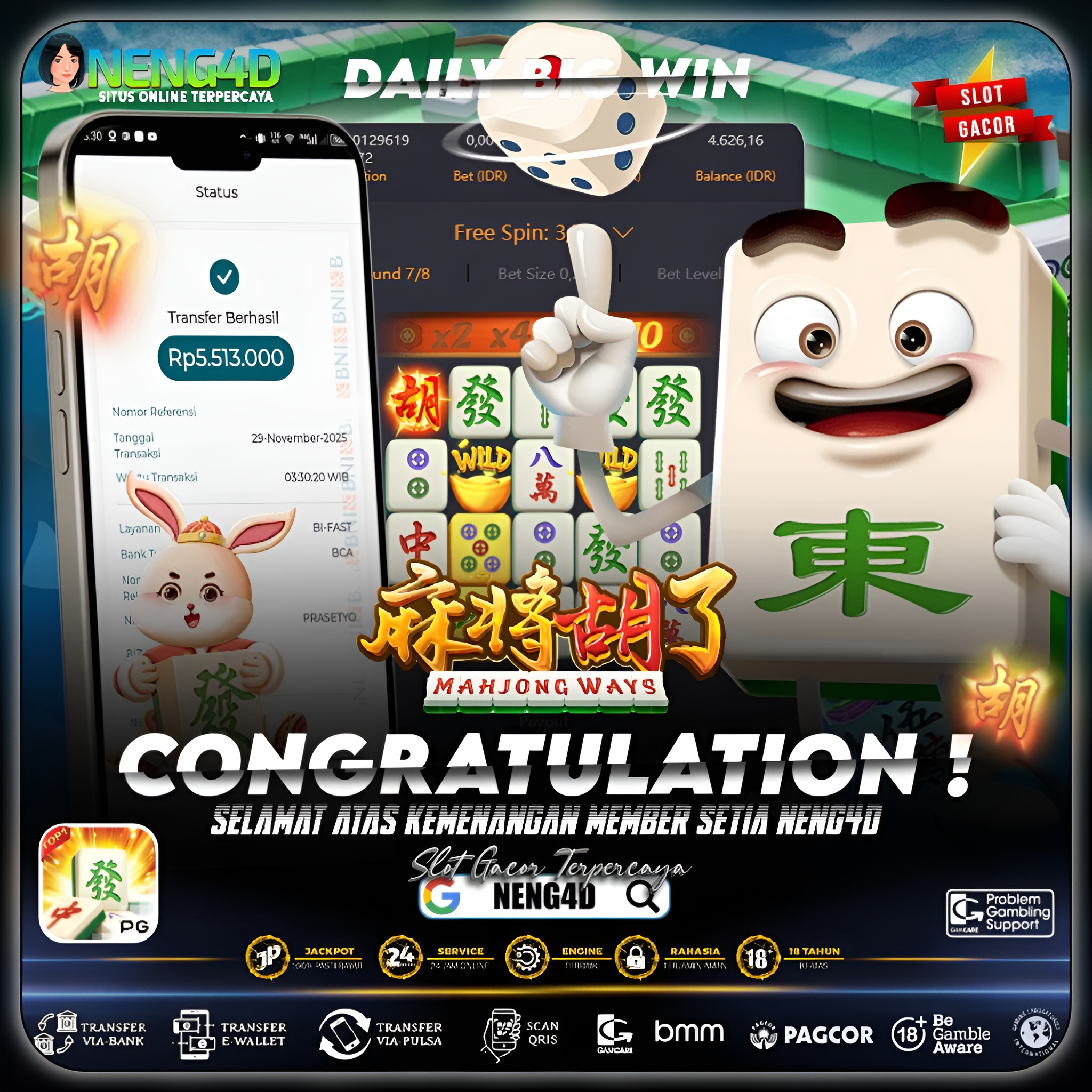 MEMBER NENG4D MENANG 5 JUTA DI MAHJONG WAYS PG SOFT