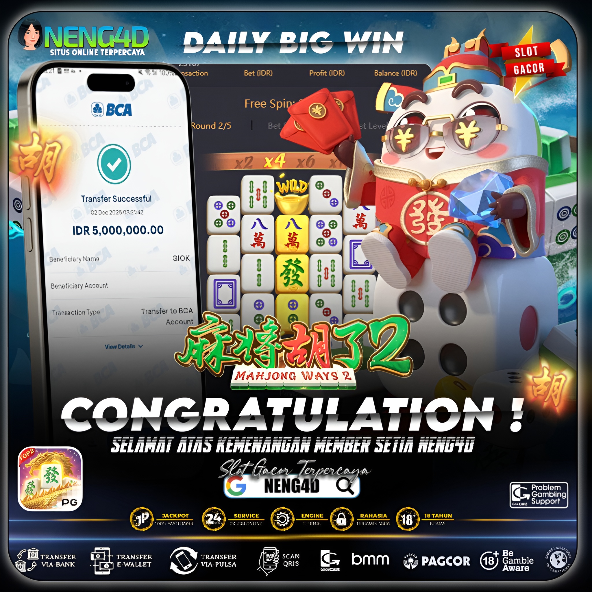 MEMBER NENG4D MENANG 5 JUTA DI MAHJONG WAYS 2 PG SOFT